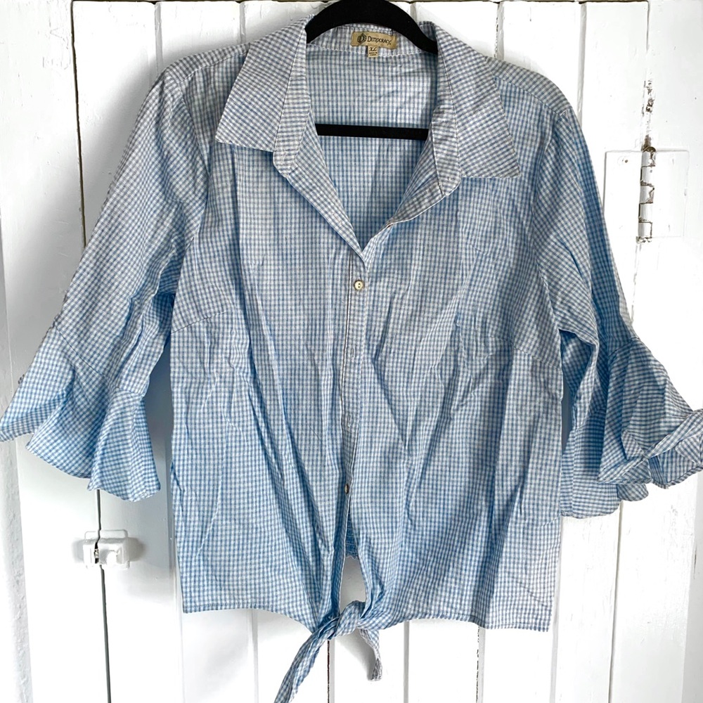 Democracy Bell Sleeve Gingham Button Down Blouse